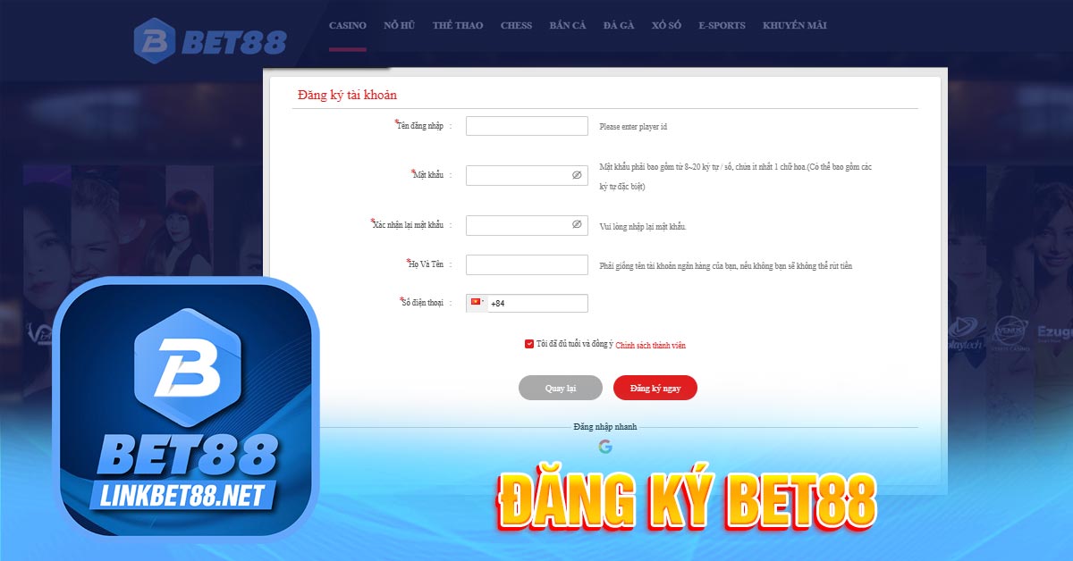 Hướng dẫn đăng ký BET88